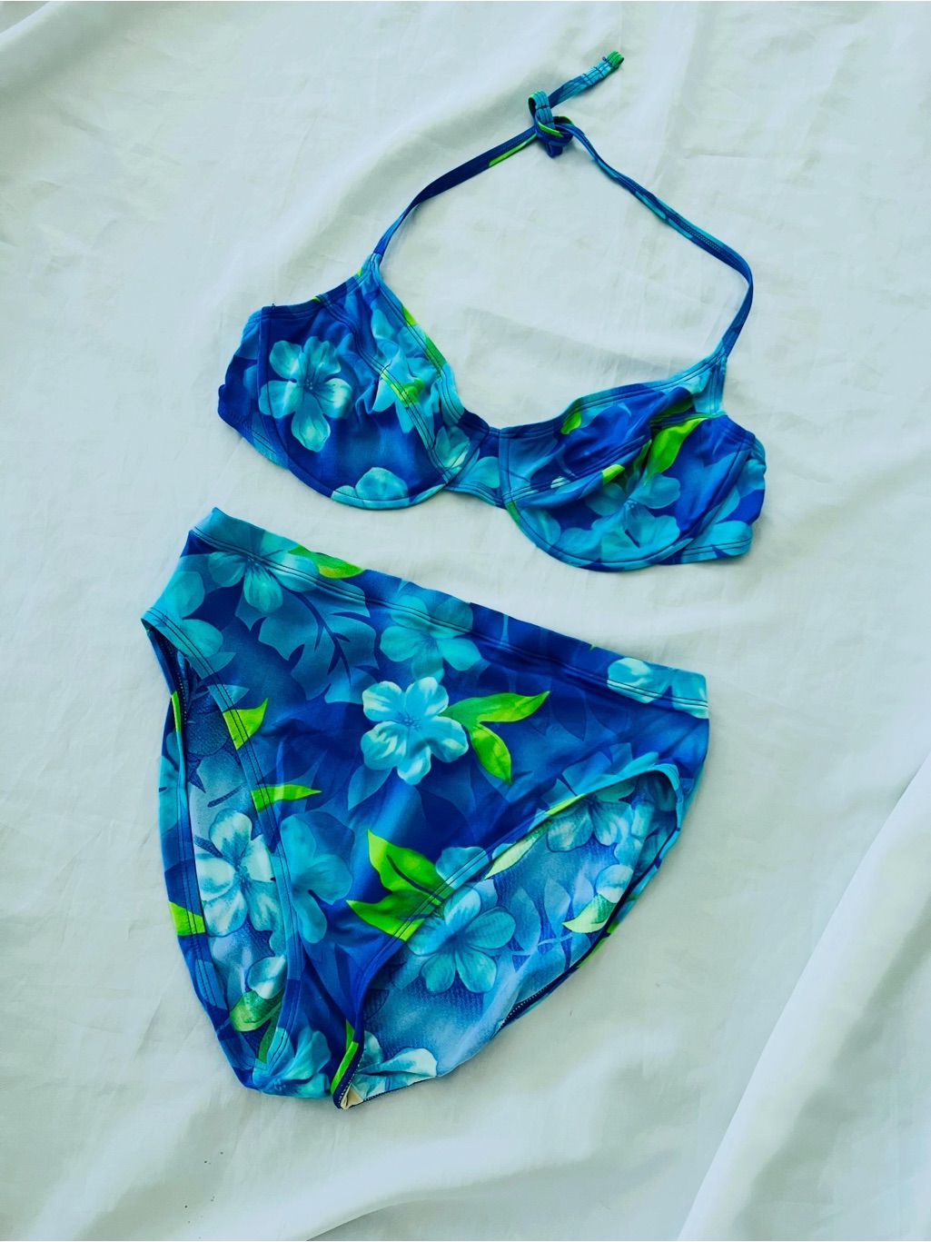 Vintage 90s Sessa Bikini Blue Green Tropical Hawaiian Floral Print Size 14